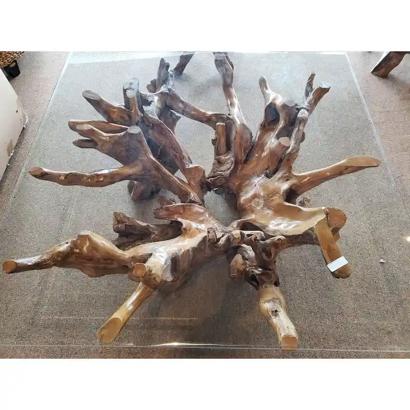 Wood Root Base Coffee Table with Square Glass Top