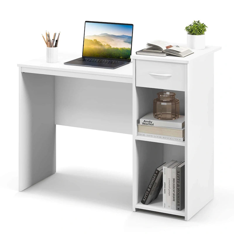 White MDF Computer Desk with Slide-Out Drawer, Adjustable Shelf and Cable Management for 1 Person