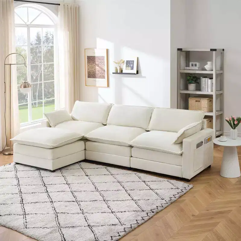 Whizmax 3-Seater Comfort Velvet Sofa, L-Shaped Long Sofa, Deep Seat with Footstool, Suitable for Bedroom, Living Room and Study