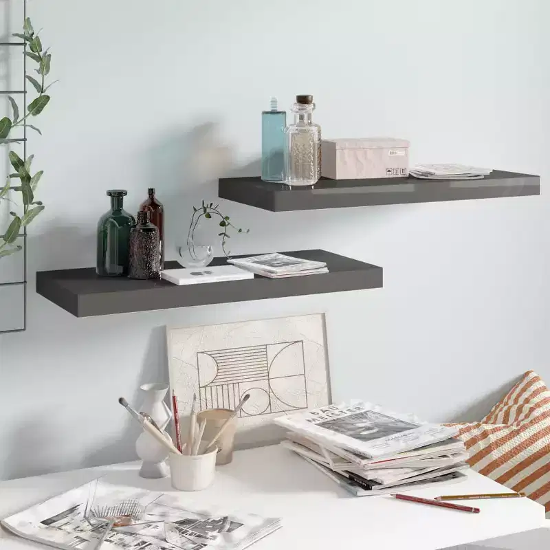 Wall Shelf Set of 2 Glossy gray Honeycomb MDF, Metal