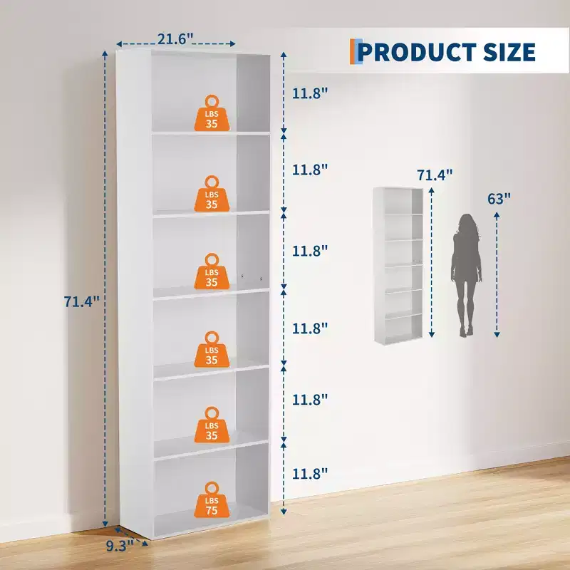 COZONY 6-Tier Tall Wooden Bookcase, Open Standing Bookshelf for Home Office Display Storage