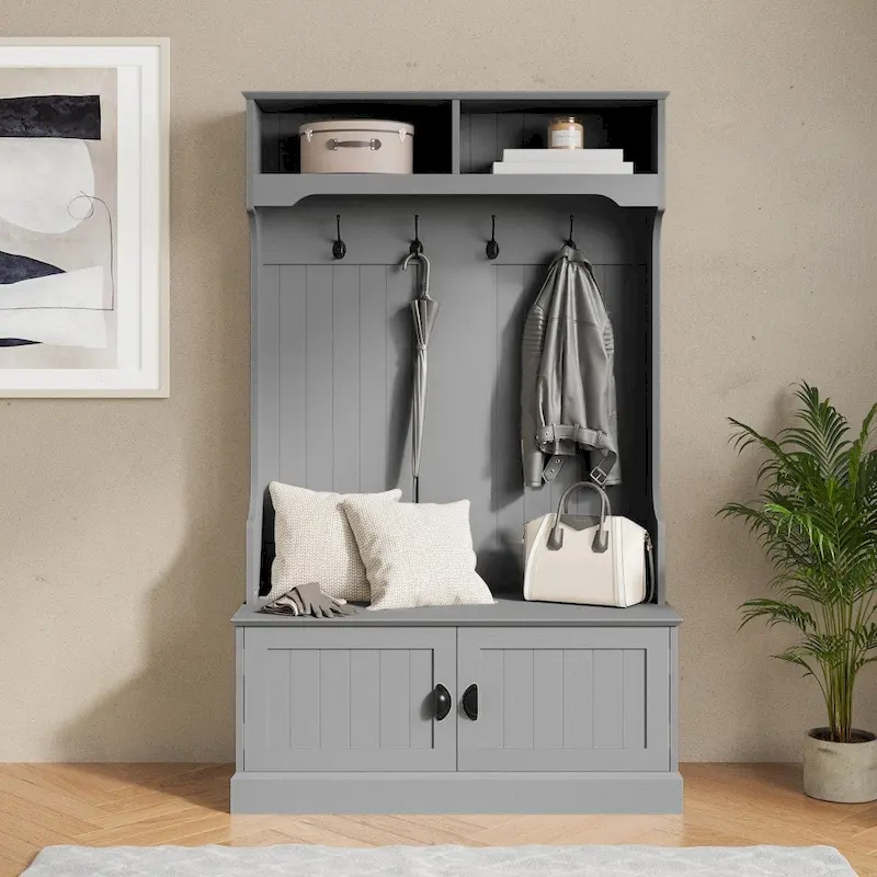 4 Hook Hallway Tree with Storage Bench and Upper Cubbies