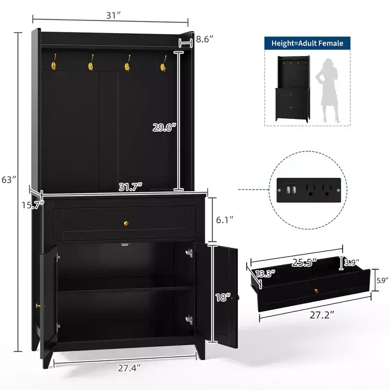 63'' Pantry Cabinet with 4 Hooks, Kitchen Pantry Cabinet, Coffee Bar Table with Drawer & Adjustable Shelves