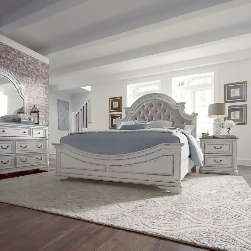 Magnolia Manor Upholstered Bed, Dresser and Mirror, and Nightstand Set