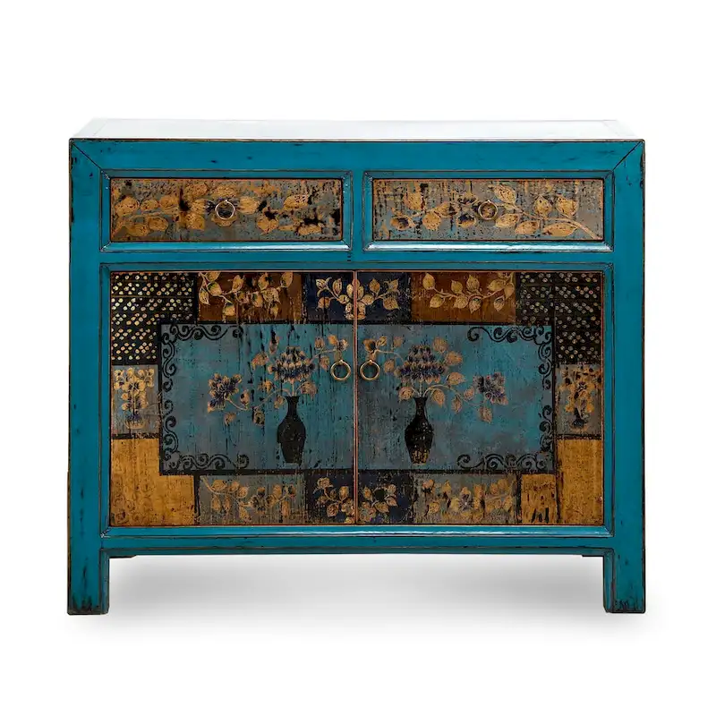 Artissance Floral Cabinet Antique Indigo With two Drawers 38X16X33H - 16 L x 38.5 W x 33 H