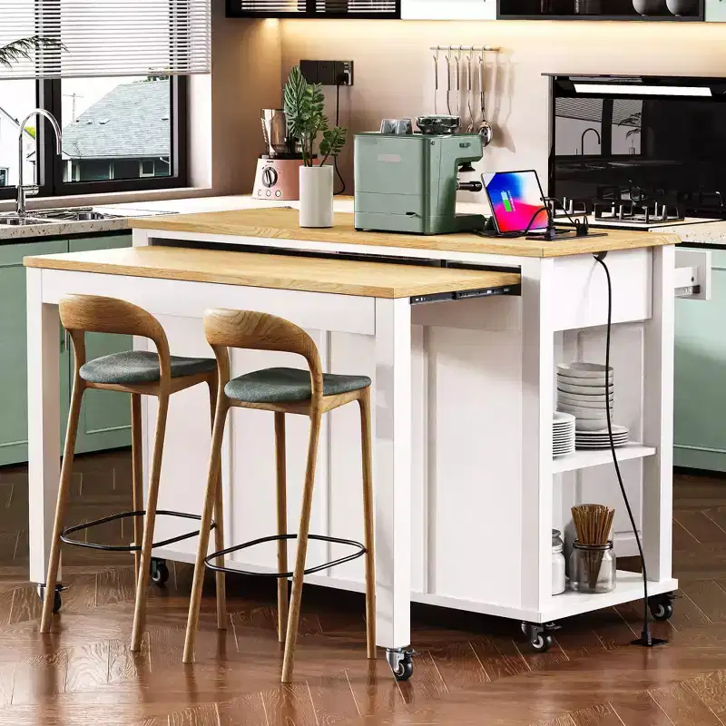 PexFix 47 Kitchen Island with Extendable Dining Table Rubber Wood Veneer Kitchen Table with Storage Rack & Power Outlet & 2 Drawers 2 Cabinet White