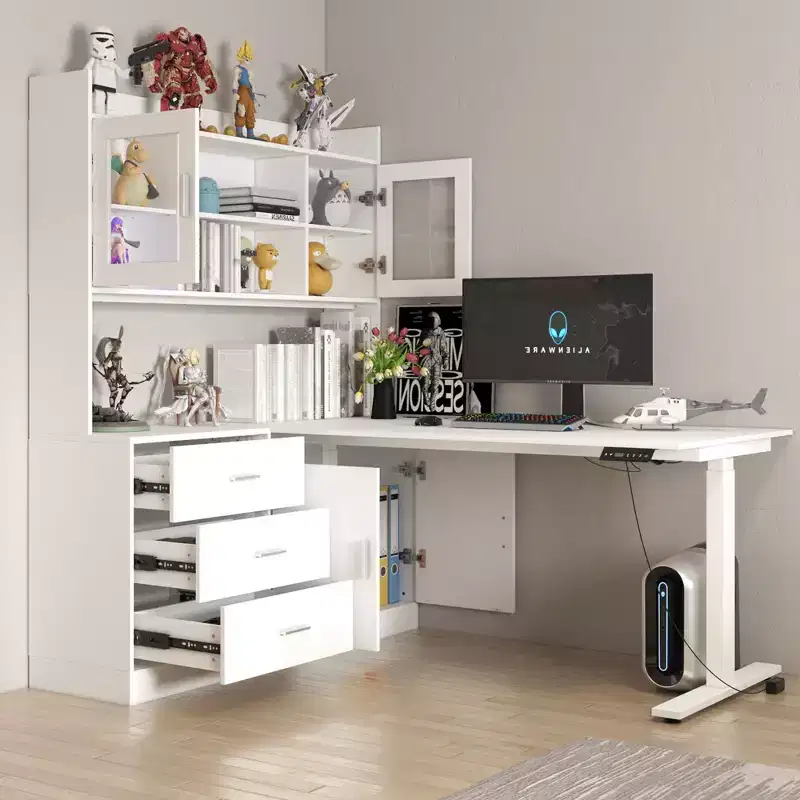 Liftable Computer Desk | Large Desktop | All-in-One Storage Cabinet | White