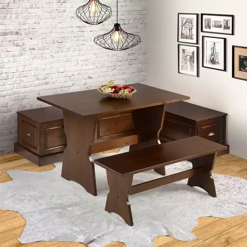 3pc Colby L Shaped Bench and Backless Nook Dining Set Brown - Linon: Wood Frame, 5-Seater, Trestle Base