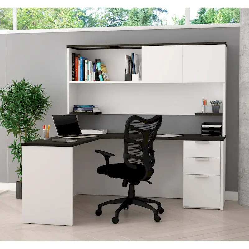 L-Desk with Hutch - White & Deep Grey / Deep Grey & Black