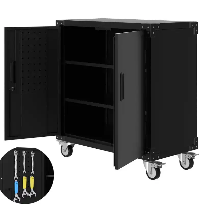 35.4" Metal Storage Cabinet with Wheels and Lock for Garage, Black