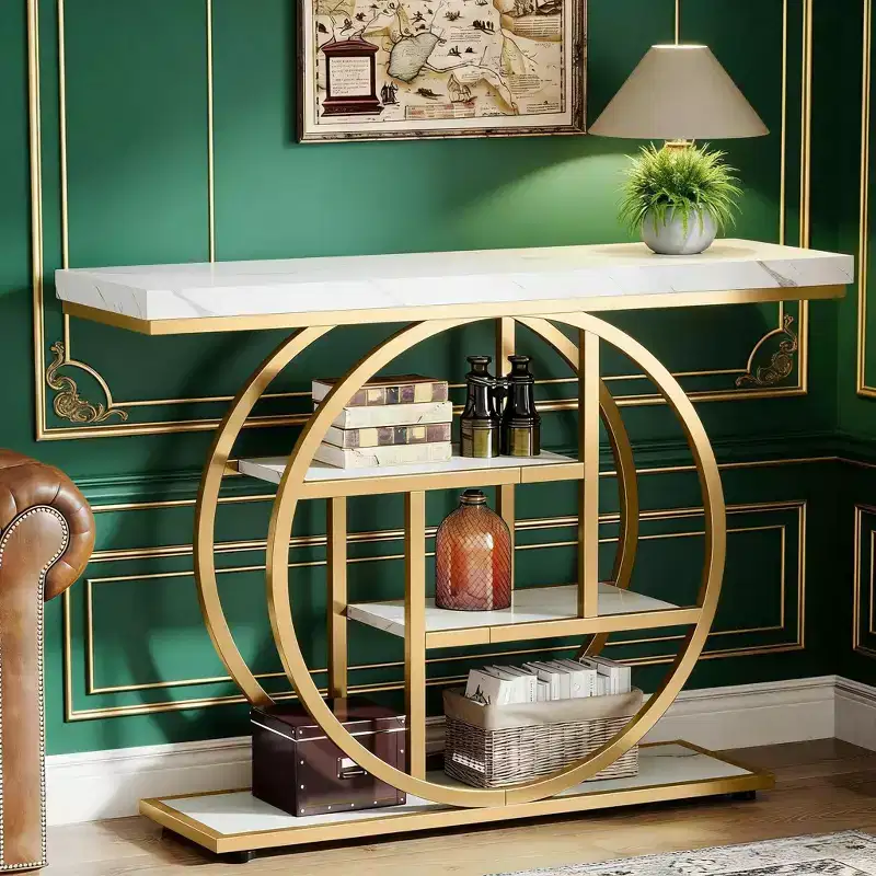 Console Table, Industrial 4-Tier Sofa Entryway Table with Circle Basew