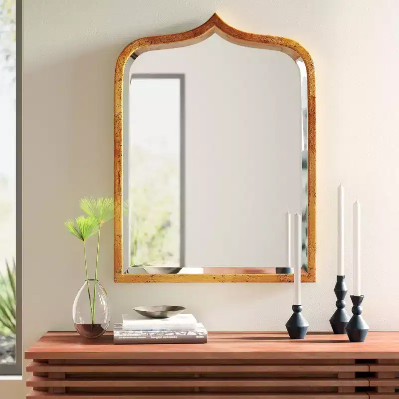 24"x32" Arched Wood Frame Wall Mirror with Antique Gold Finish & Beveled Glass