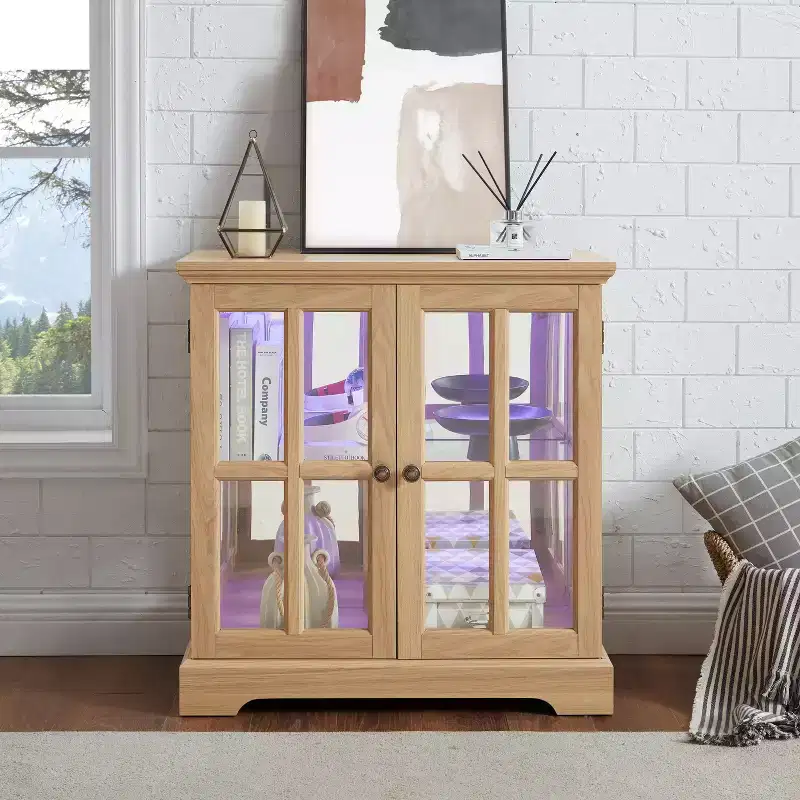 Display Cabinet with Glass Doors Lighted Accent Corner Curio Cabinet with Adjustable Shelves Glass Display Case with LED Light Strip