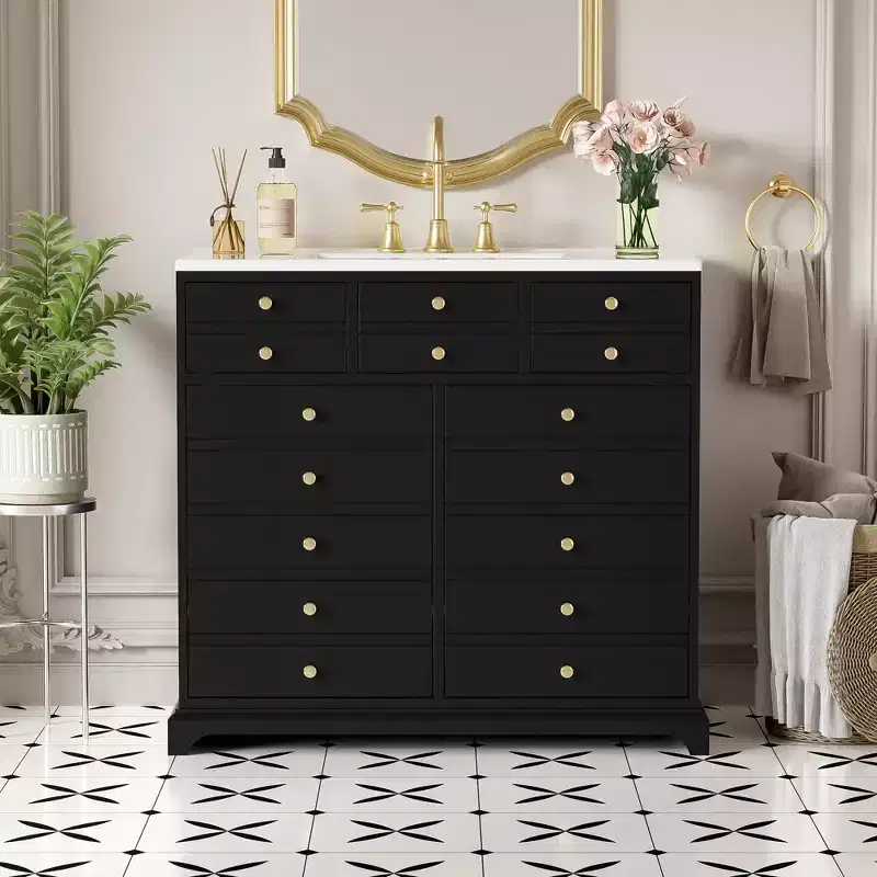 Bathroom Vanity with Sink, Bathroom Sink Vanity with 2 Drawers & 2 Soft Closing Doors, 16 Decorative Handles, Wooden Bathroom Sink Cabinet Black