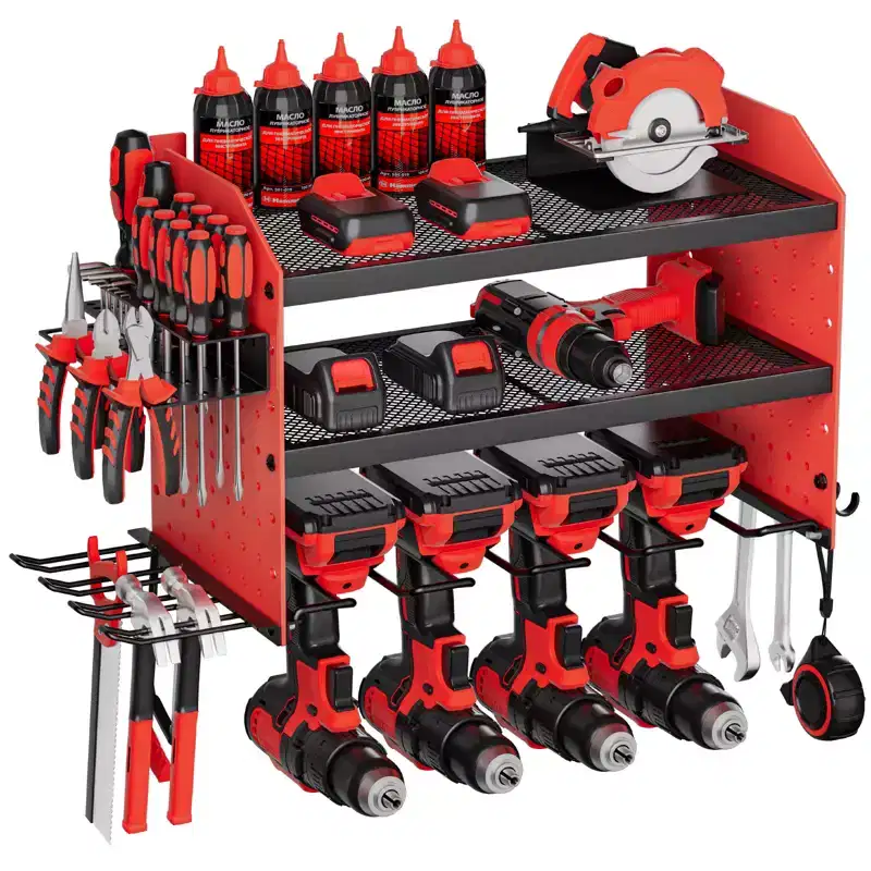VEVOR Power Tool Organizer Wall Mount, 3-Layer Storage Rack with 4 Drill Holders, Tools Holder and Storage Rack with Side Pegboards, Red+Black