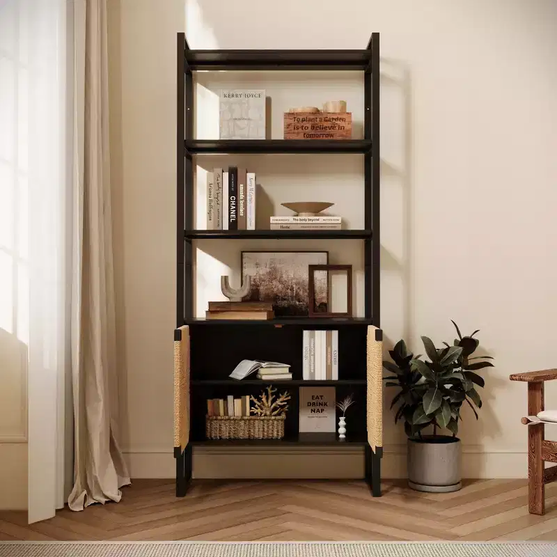 GDFStudio Horace Modern 73H Solid Wood and Rattan Open Display Bookshelf with 2 Doors