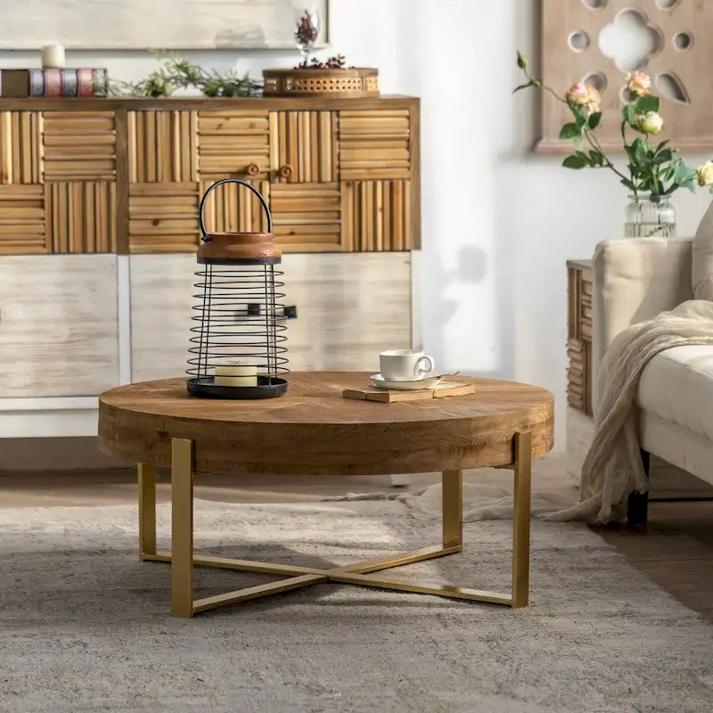 31.29 Splicing Round Coffee Table,Fir Wood Table Top with Gold Cross Legs Base