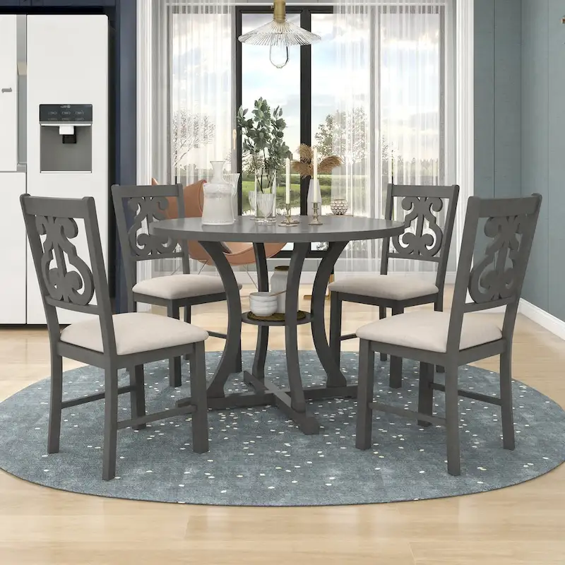 Retro 5-Piece Wooden Dining Table Set with 4 Chairs & Round Table