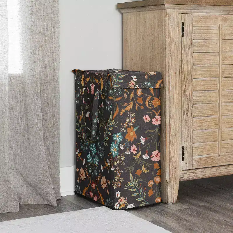 Girl Foldable Laundry Hamper with Handles Boho Floral Wildflower Black and Orange