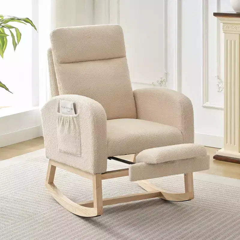 Upholstered Nursery Rocking Chair with High Backrest and Side Pockets