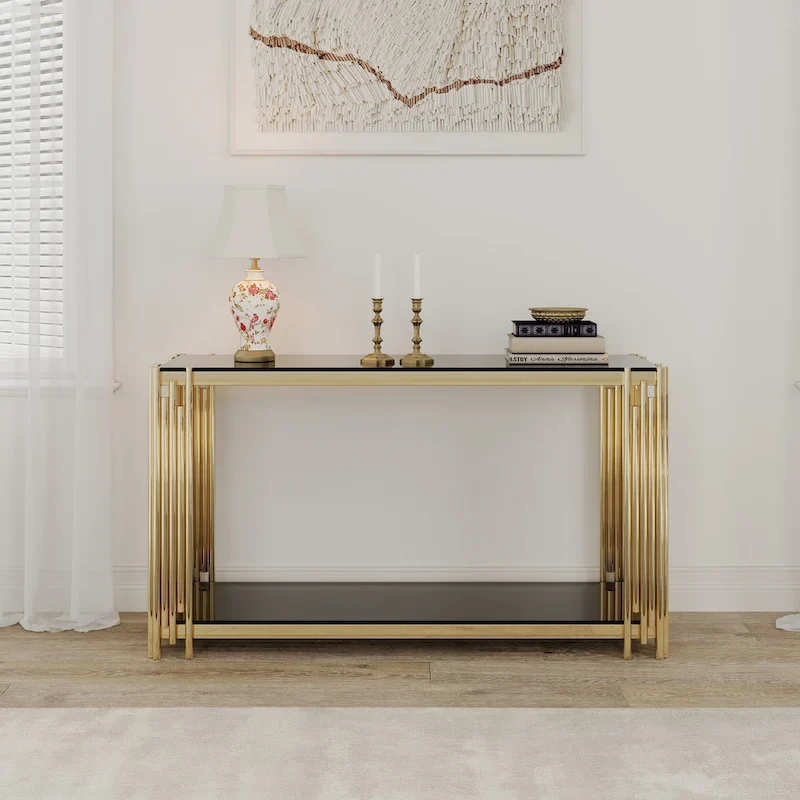 Modern Glass Console Table, 55 Gold Sofa Table with Sturdy Metal Frame and Black Tempered Glass Top, for Living Room Entryway B