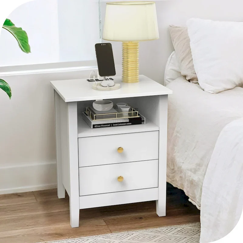 Moasis Modern LED Nightstand Set of 2 with Drawer and Storage Shelf, Bedside Table with Charging Station