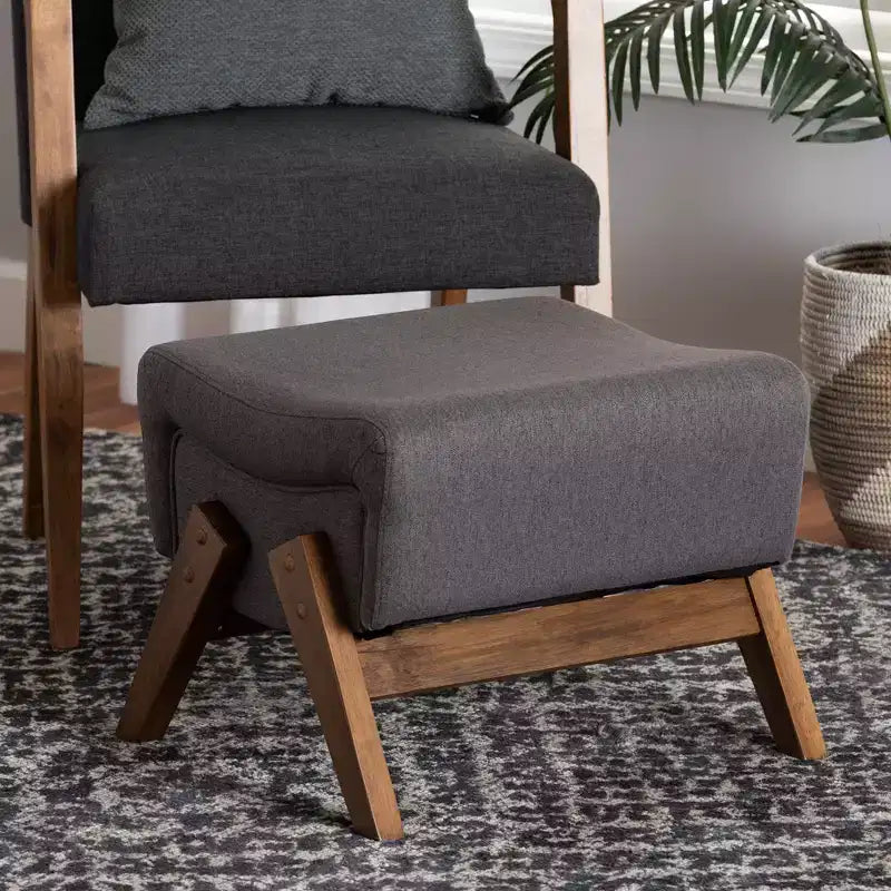 Mid-Century Modern Fabric Wood Ottoman �C Bent Seat, Angled Legs, Foam Padded