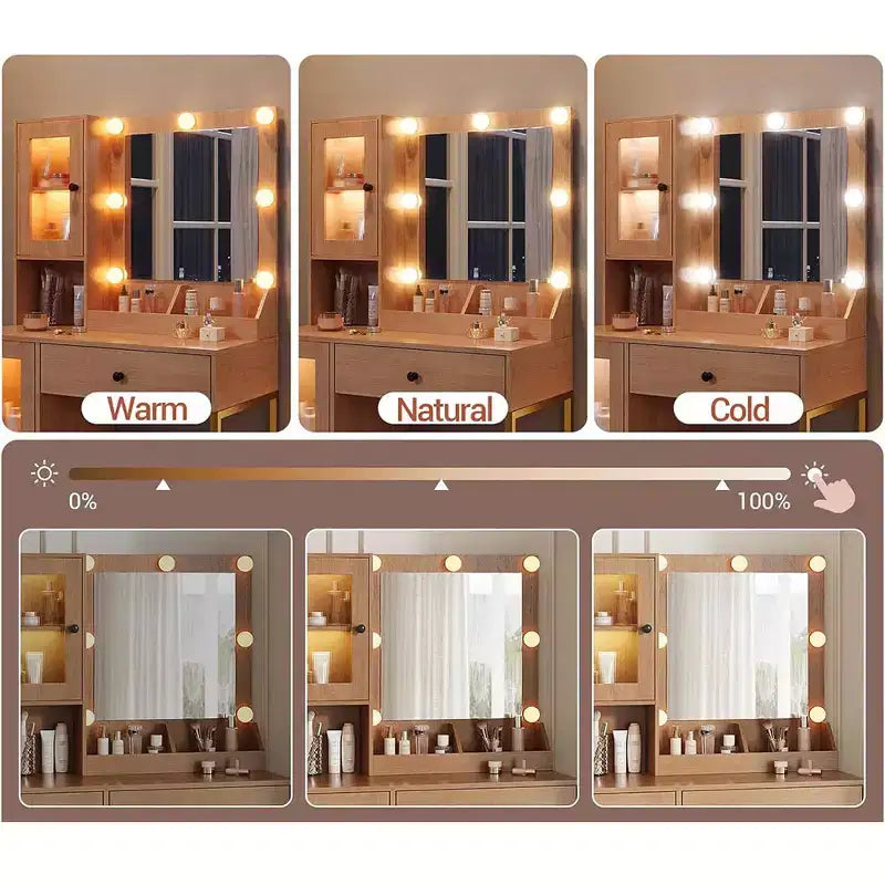 Vanity Desk with Mirror, Makeup Dressing Table with Metal Leg, Storage Drawers & Cabinets for Bedroom Makeup Room, Cloakroom