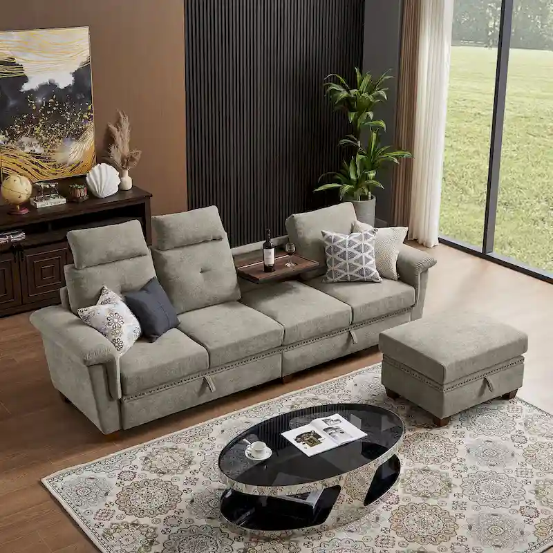 109 Modern 4 Seaters Towelling Sectional Sofa with Hidden Coffee Table and Large Storage Space
