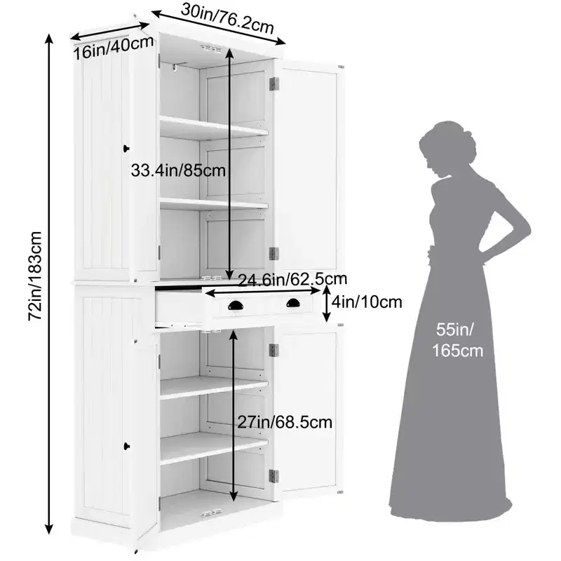 Kitchen Pantry Storage Cabinet, 72 Tall White Cabinet with Adjustable Shelves and Drawer, Freestanding Organizer for Kitchen, Pantry