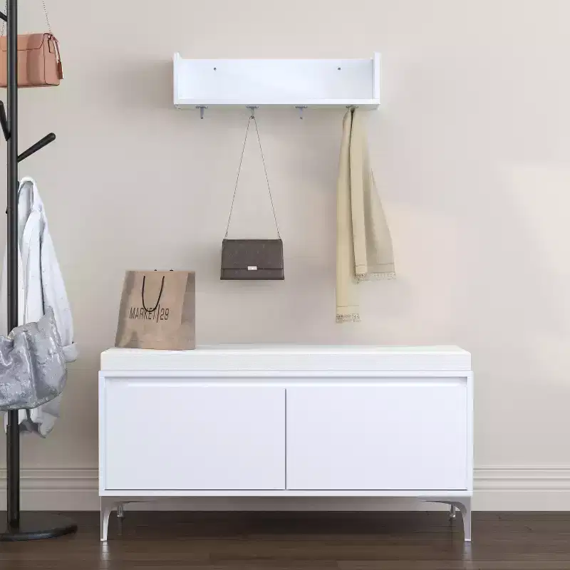 2-Piece Entryway Set: Wall-Mounted Shelf with 4 Hooks + Shoe Storage Bench with Cushion and Double-Door Cabinet, Off White