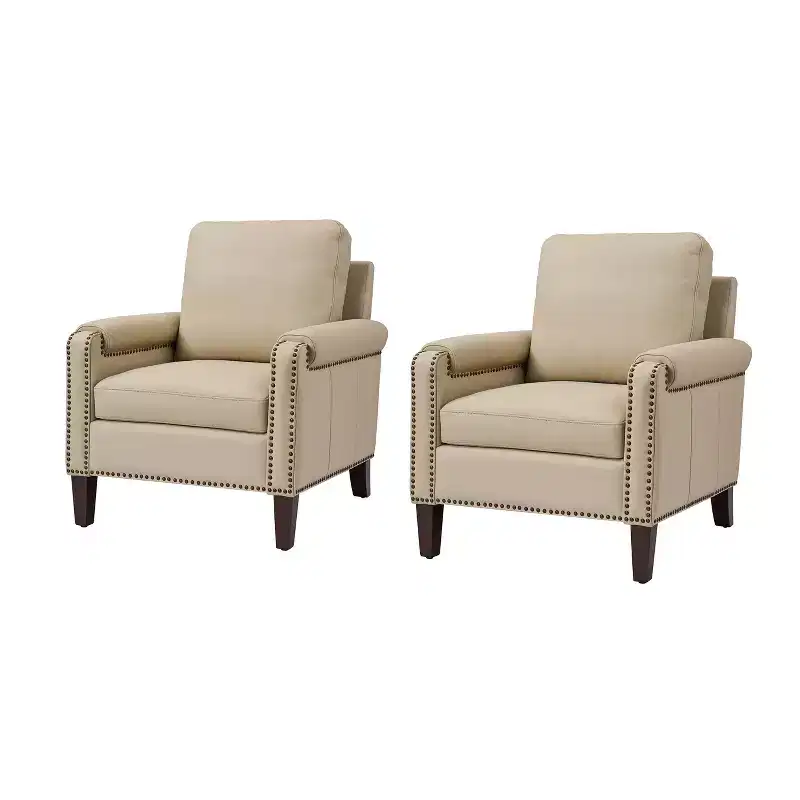 Hellmuth Genuine Leather Armchair Set of 2 with Removable Cushion and Nailhead Trims| HULALA HOME
