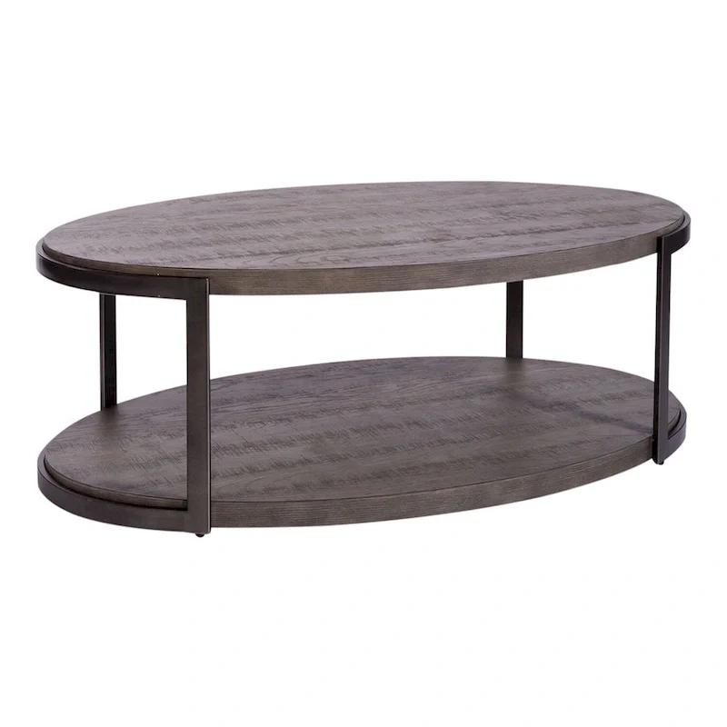 Oval Cocktail Table Wood Metal Gray Two-Tier Open Shelf Dark Pewter Legs