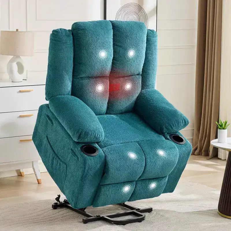 Oversized Power Lift Recliner Chair for Elderly  Electric Reclining, Heat & Massage, Stand Assist, Cup Holders, Side Pocket, Terry Cloth Upholstery