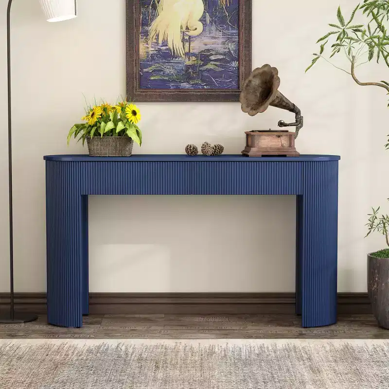 Fluted Console Table with Storage, Modern Wood Entryway Table with Drawers and Oval Top for Entryway and Living Room
