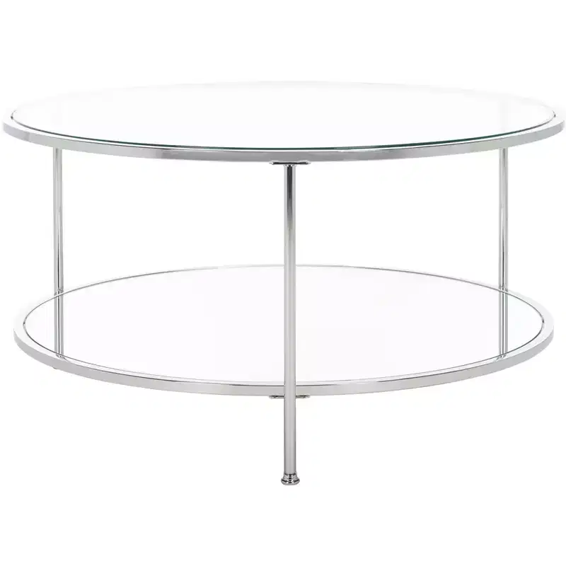 Round Two-Tier Coffee Table with Glass Top & Mirrored Shelf �C Charcoal