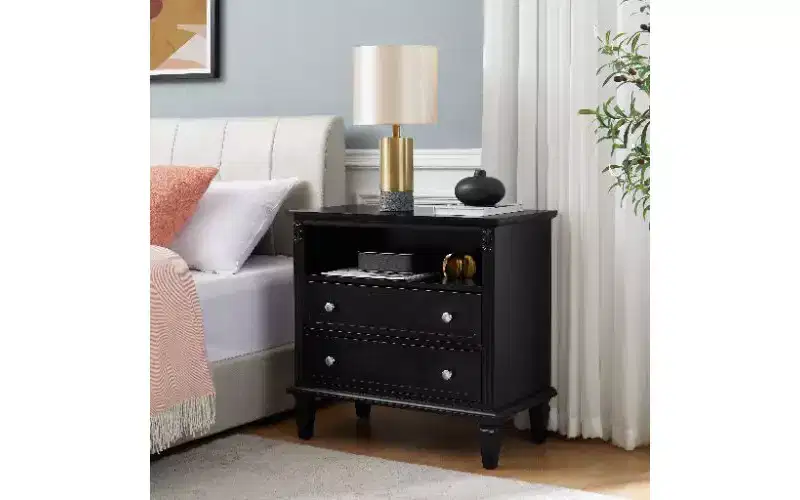 TUYOHW Mid-Century Modern Nightstand with Charging Station, Vintage 2-Drawer Small Side Table with Open Storage, Fluted Pilasters End Table
