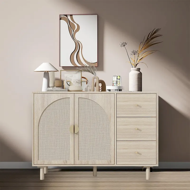 Rattan Sideboard Buffet Cabinet with 2 Doors and 3 Drawers, 44.49L x 15.75W x 31.5H